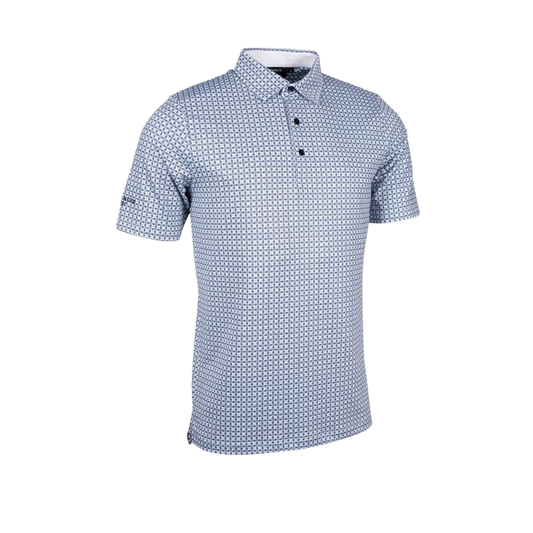 g.IRVINE Mens All Over Micro G Print Performance Golf Shirt White/Navy/Light Grey