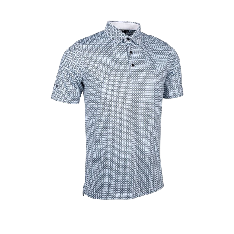 IRVINE Mens All Over Micro G Print Performance Golf Shirt White/Black/Aqua