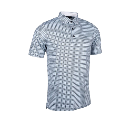 IRVINE Mens All Over Micro G Print Performance Golf Shirt White/Black/Aqua